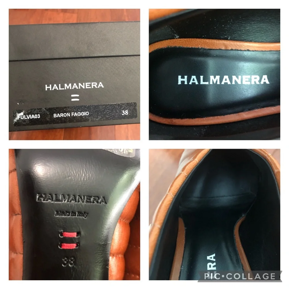 Halmanera Italy well man crafted leather quilted padded square toe cognac pump - Picture 13 of 16